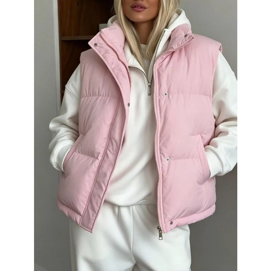 Snap-Button Placket Quilted Puffer Vest Coat Dusty Pink / S Apparel and Accessories