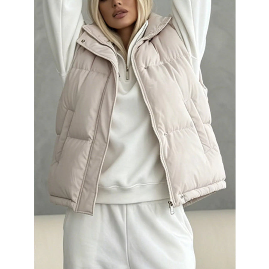 Snap-Button Placket Quilted Puffer Vest Coat Eggshell / S Apparel and Accessories