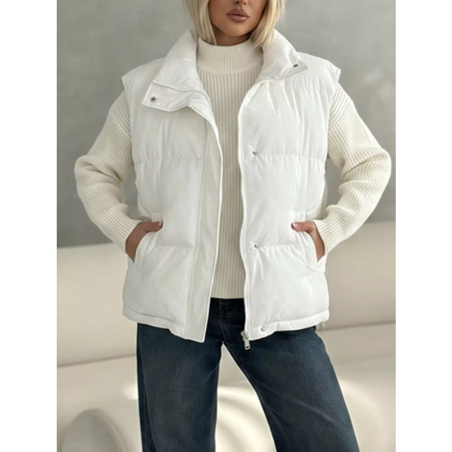 Snap-Button Placket Quilted Puffer Vest Coat White / S Apparel and Accessories