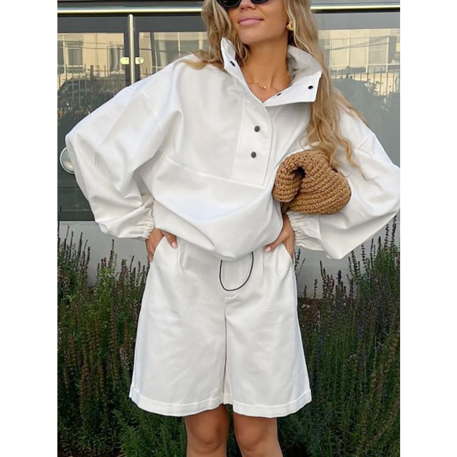 Snap Detail Long Sleeve Top and Shorts Set Apparel Accessories