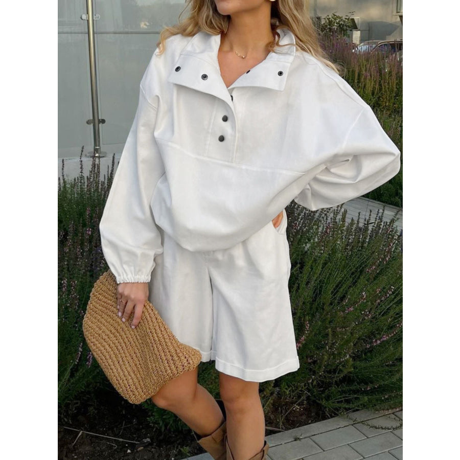 Snap Detail Long Sleeve Top and Shorts Set White / S Apparel Accessories