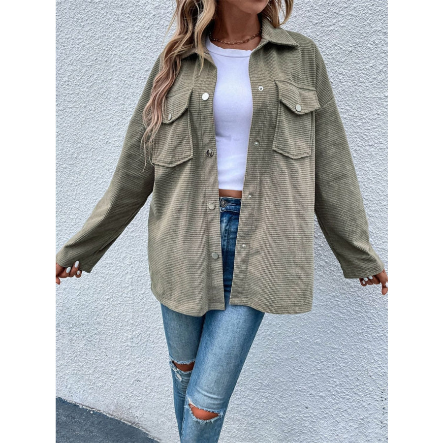 Snap Down Collared Neck Drop Shoulder Jacket Apparel and Accessories