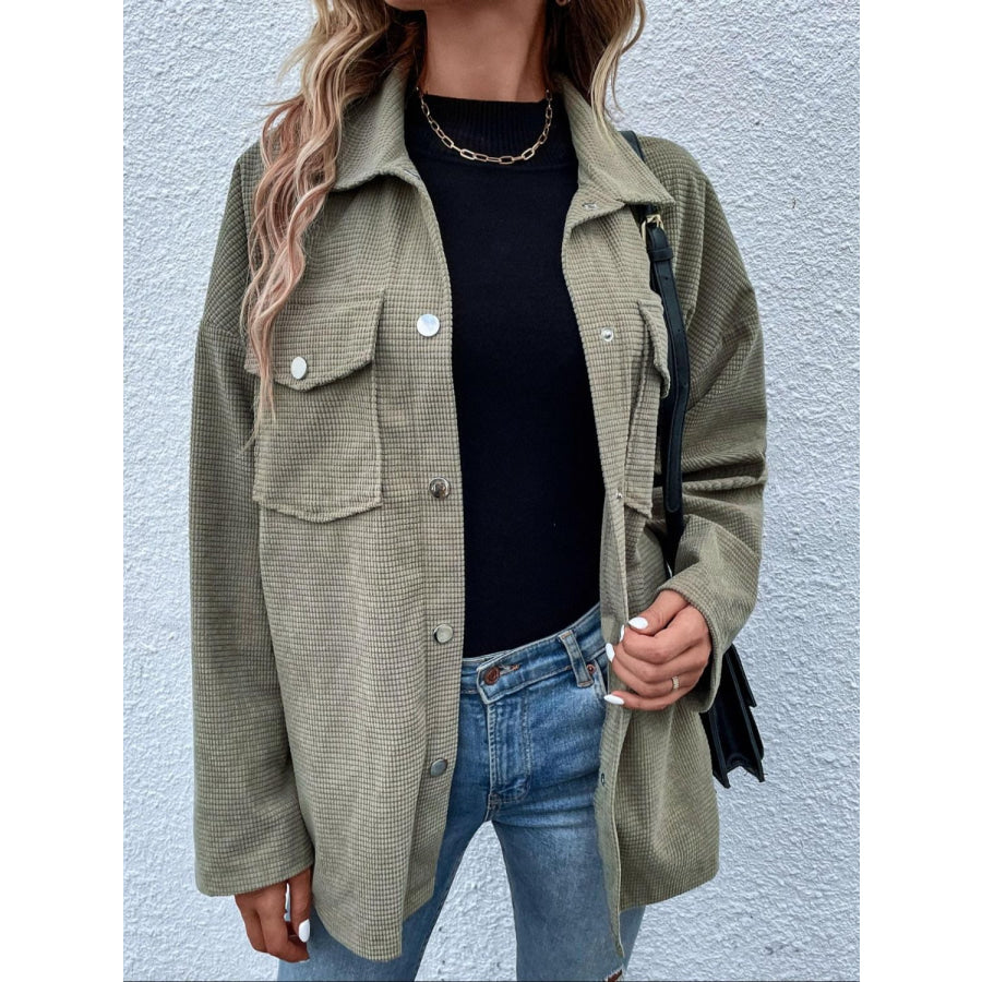 Snap Down Collared Neck Drop Shoulder Jacket Apparel and Accessories