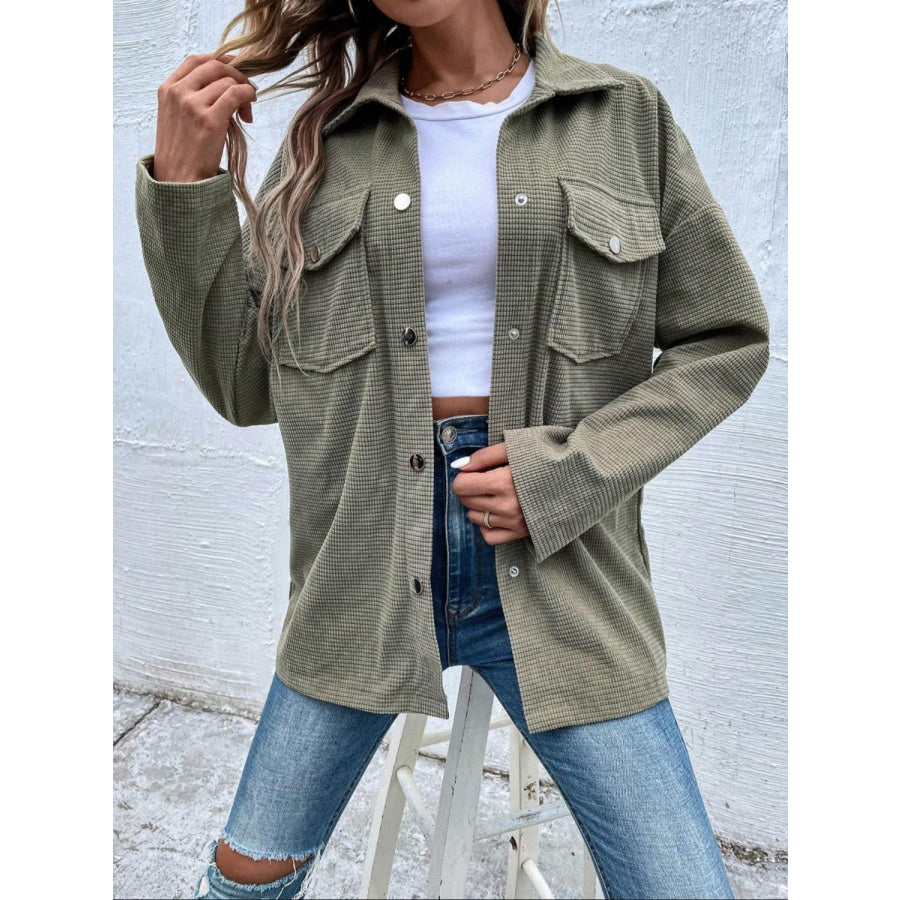 Snap Down Collared Neck Drop Shoulder Jacket Apparel and Accessories