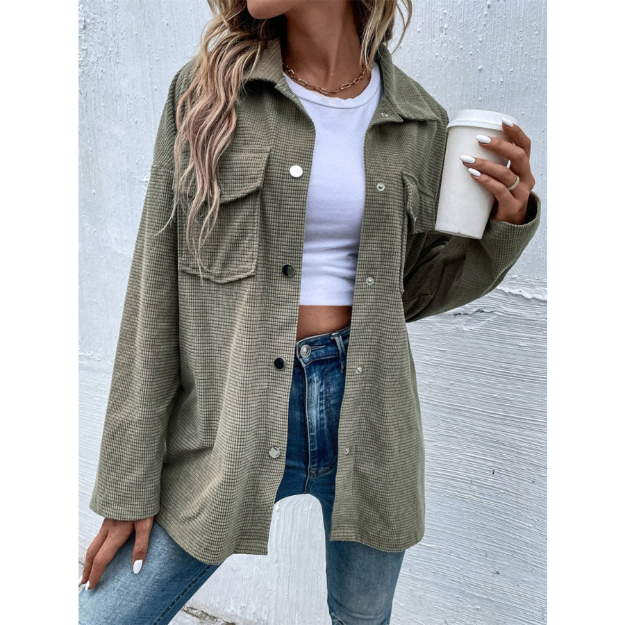 Snap Down Collared Neck Drop Shoulder Jacket Sage / S Apparel and Accessories