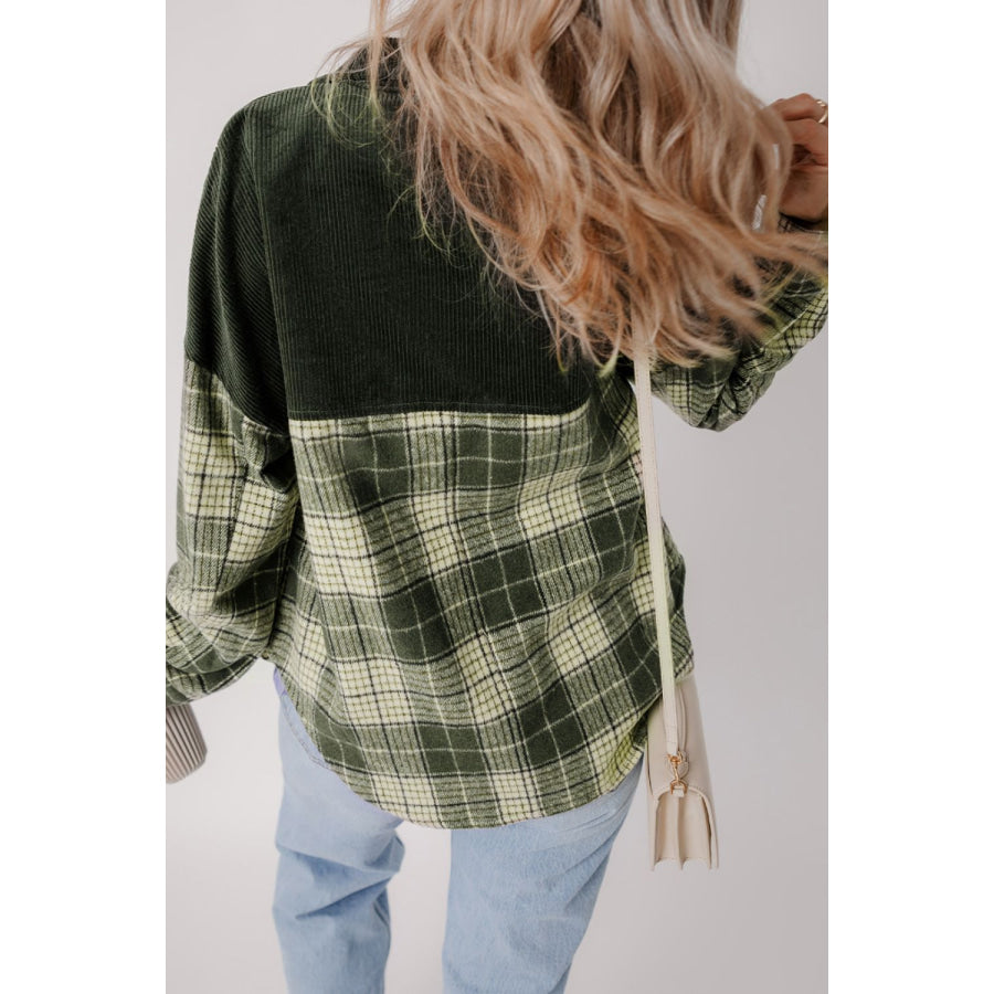 Snap Down Collared Neck Plaid Shacket Apparel and Accessories