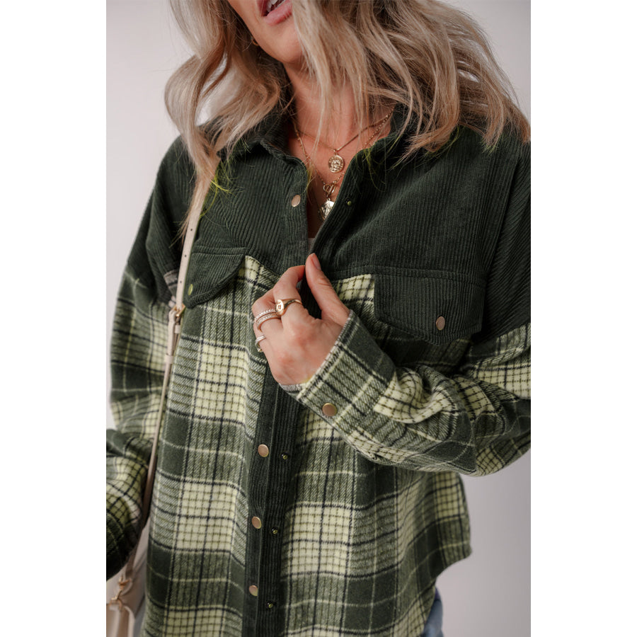 Snap Down Collared Neck Plaid Shacket Apparel and Accessories