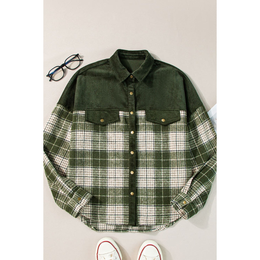 Snap Down Collared Neck Plaid Shacket Apparel and Accessories