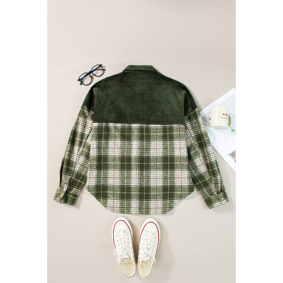 Snap Down Collared Neck Plaid Shacket Apparel and Accessories