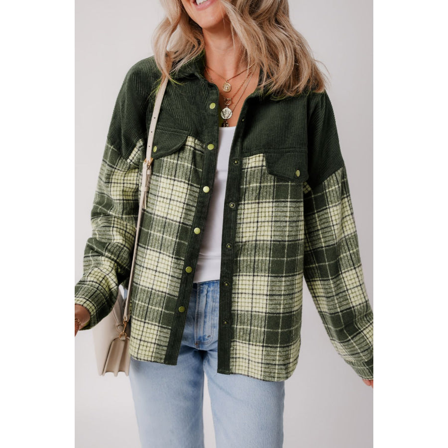 Snap Down Collared Neck Plaid Shacket Apparel and Accessories