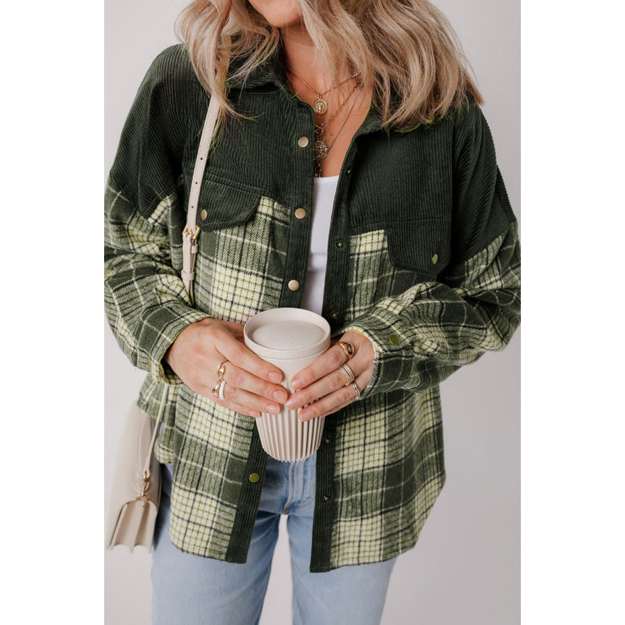 Snap Down Collared Neck Plaid Shacket Apparel and Accessories