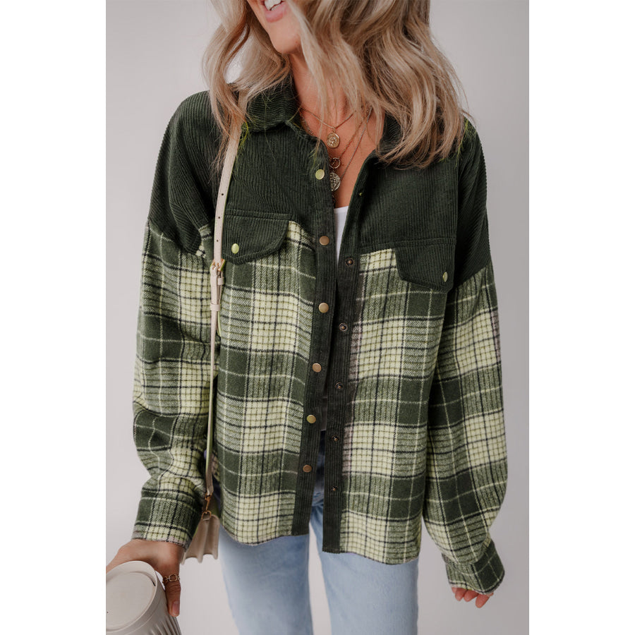 Snap Down Collared Neck Plaid Shacket Black Forest / S Apparel and Accessories