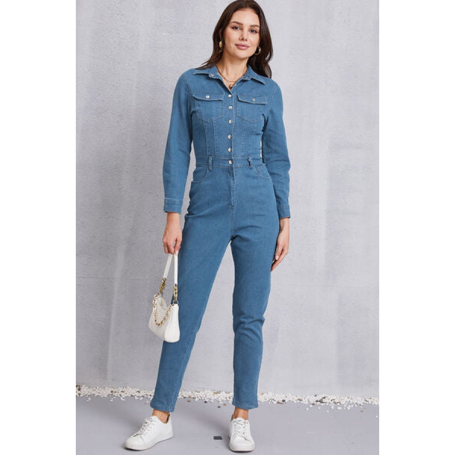 Snap Down Denim Jumpsuit with Pockets Clothing