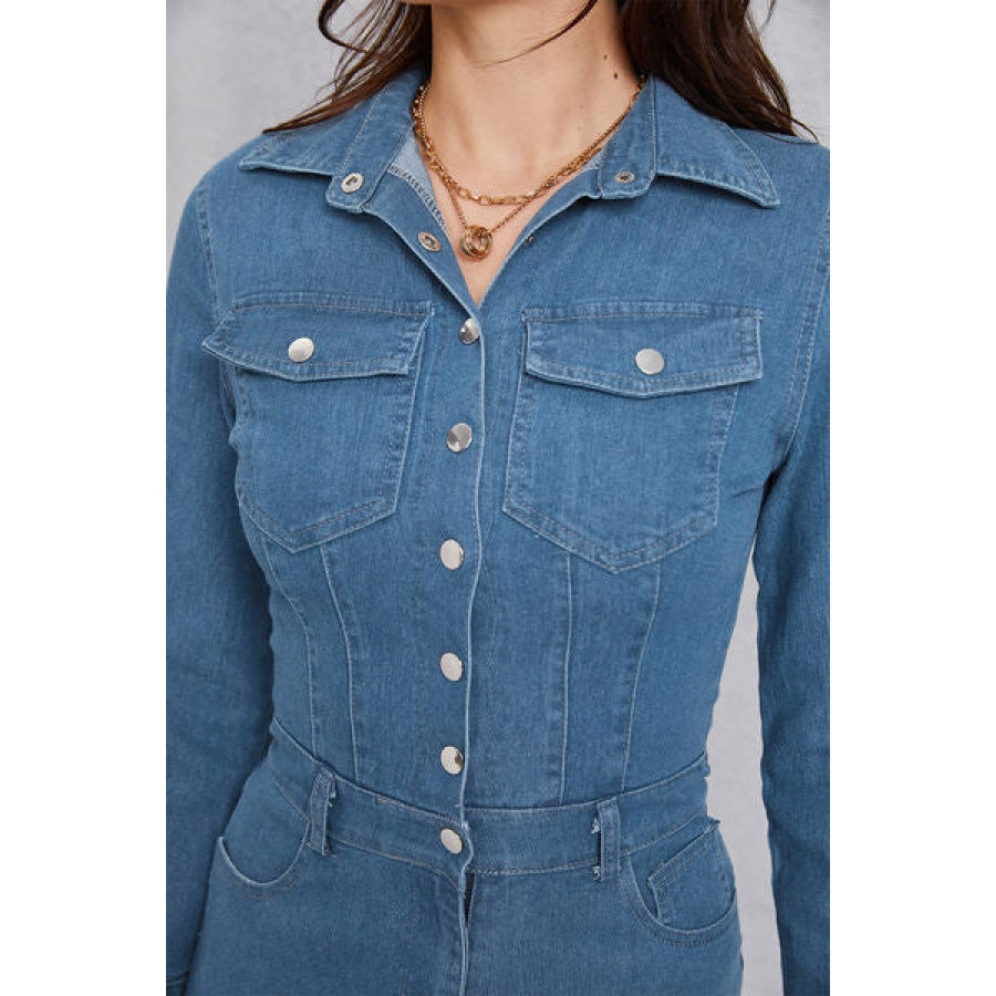 Snap Down Denim Jumpsuit with Pockets Clothing