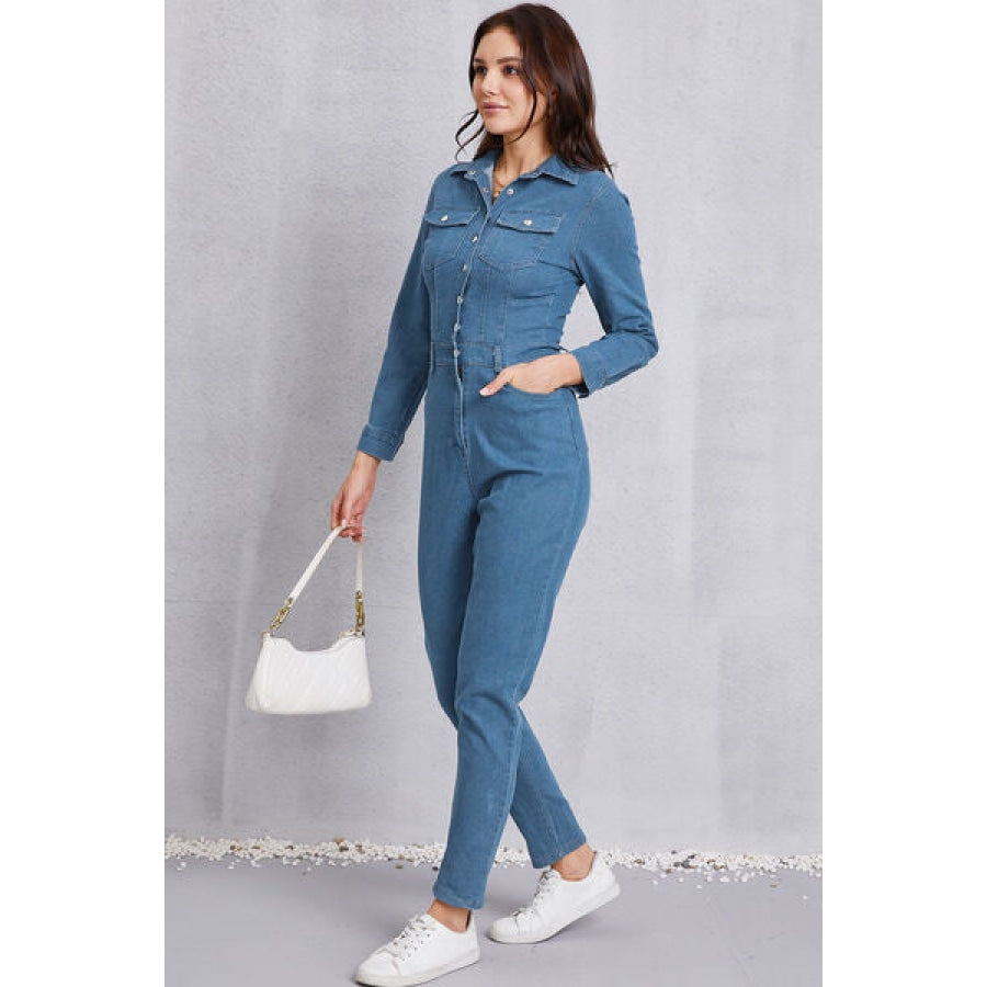 Snap Down Denim Jumpsuit with Pockets Clothing