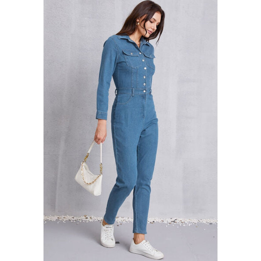 Snap Down Denim Jumpsuit with Pockets Clothing