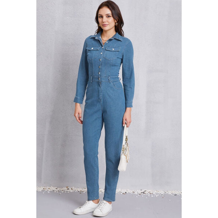 Snap Down Denim Jumpsuit with Pockets Clothing