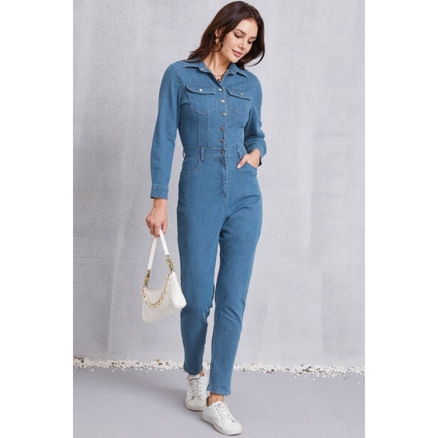 Snap Down Denim Jumpsuit with Pockets Clothing