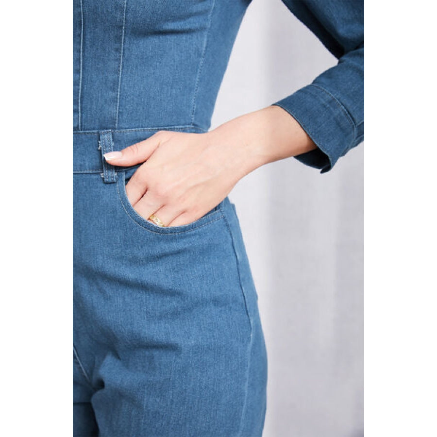 Snap Down Denim Jumpsuit with Pockets Clothing