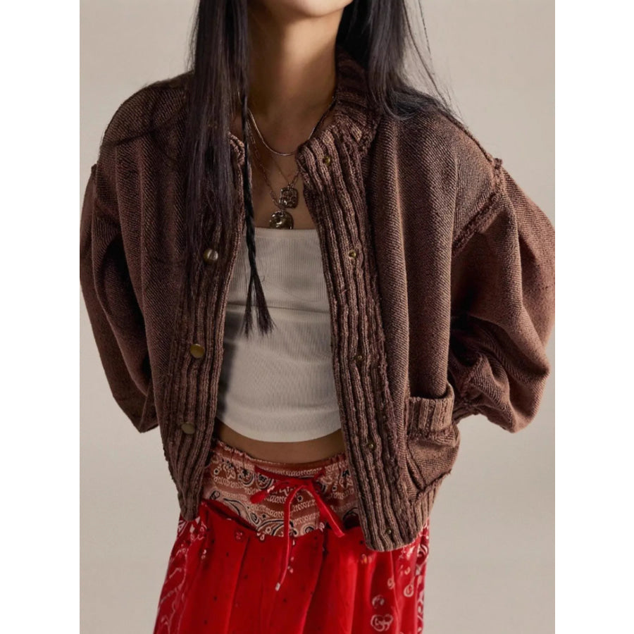 Snap Down Dropped Shoulder Cardigan Brown / S Apparel and Accessories