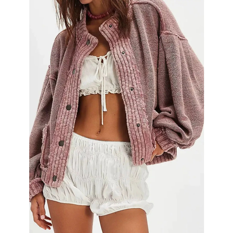 Snap Down Dropped Shoulder Cardigan Pink / S Apparel and Accessories