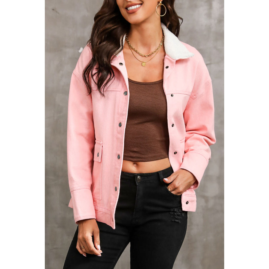 Snap Down Dropped Shoulder Denim Jacket Blush Pink / S Apparel and Accessories