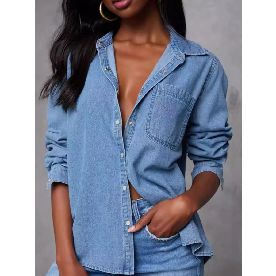 Snap Down Long Sleeve Denim Shirt Blue / S Apparel and Accessories