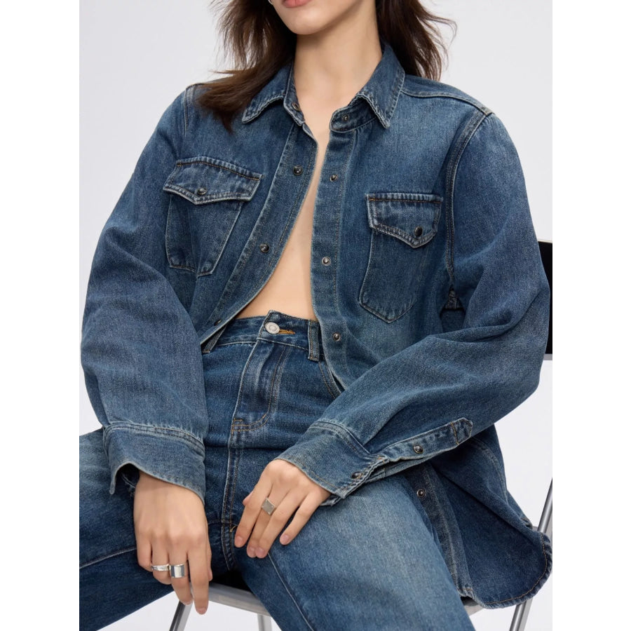 Snap Down Long-Sleeve Denim Shirt Blue / One Size Apparel and Accessories
