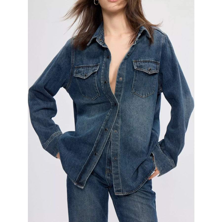 Snap Down Long-Sleeve Denim Shirt Blue / One Size Apparel and Accessories