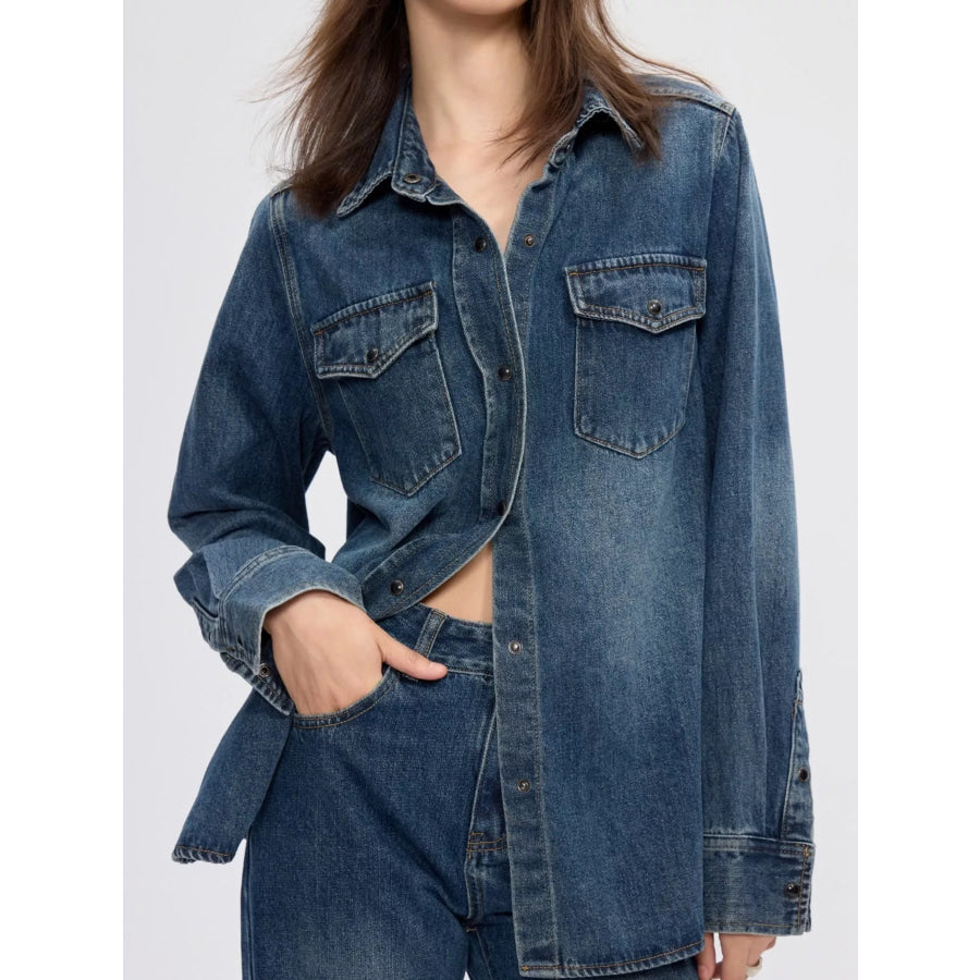 Snap Down Long-Sleeve Denim Shirt Blue / One Size Apparel and Accessories