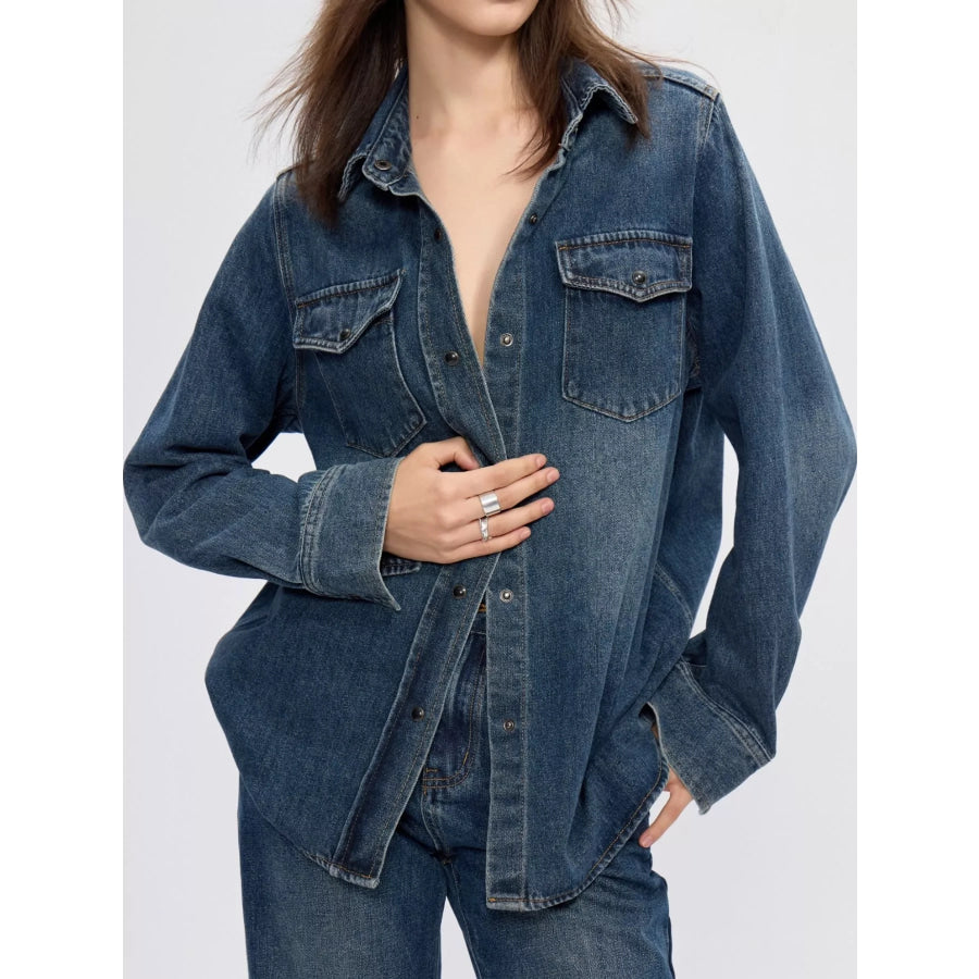 Snap Down Long-Sleeve Denim Shirt Blue / One Size Apparel and Accessories