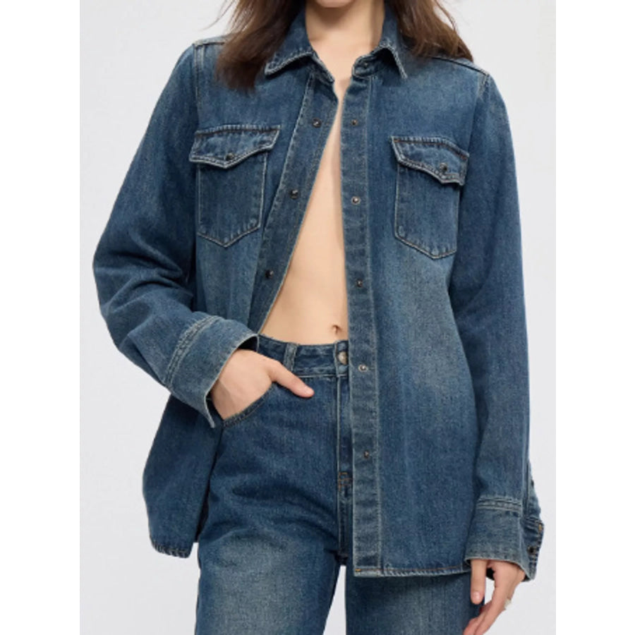 Snap Down Long-Sleeve Denim Shirt Blue / One Size Apparel and Accessories