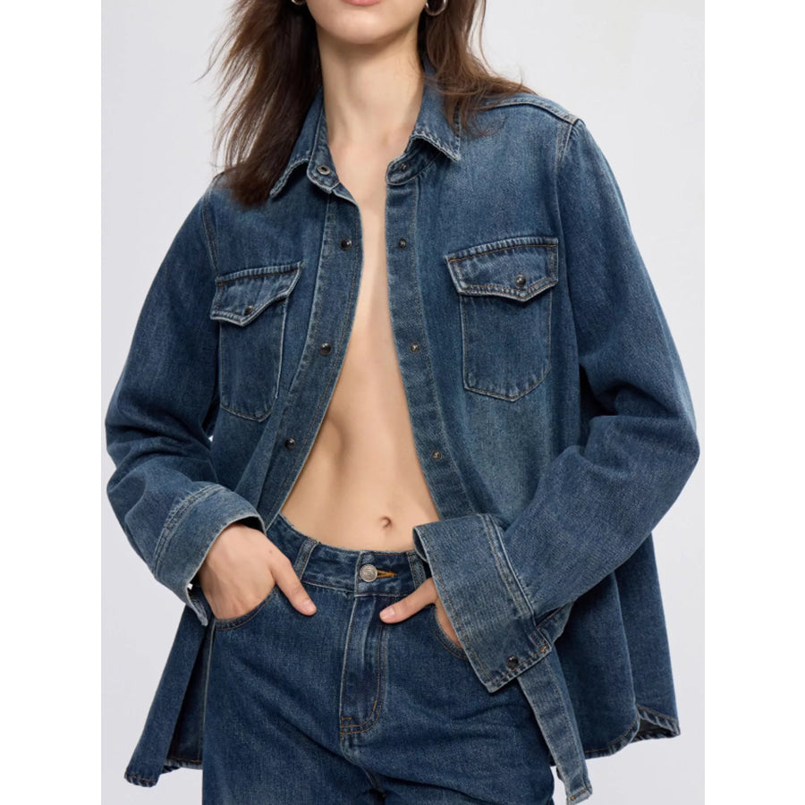Snap Down Long-Sleeve Denim Shirt Blue / One Size Apparel and Accessories