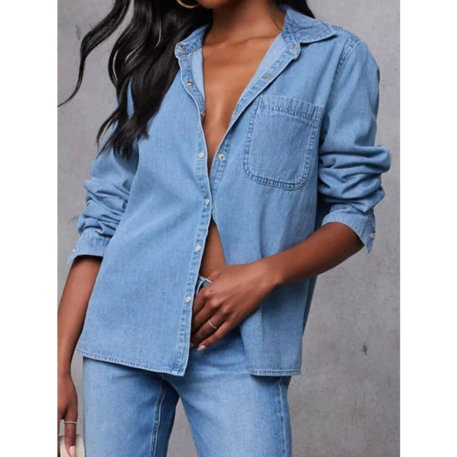 Snap Down Long Sleeve Denim Shirt Blue / S Apparel and Accessories