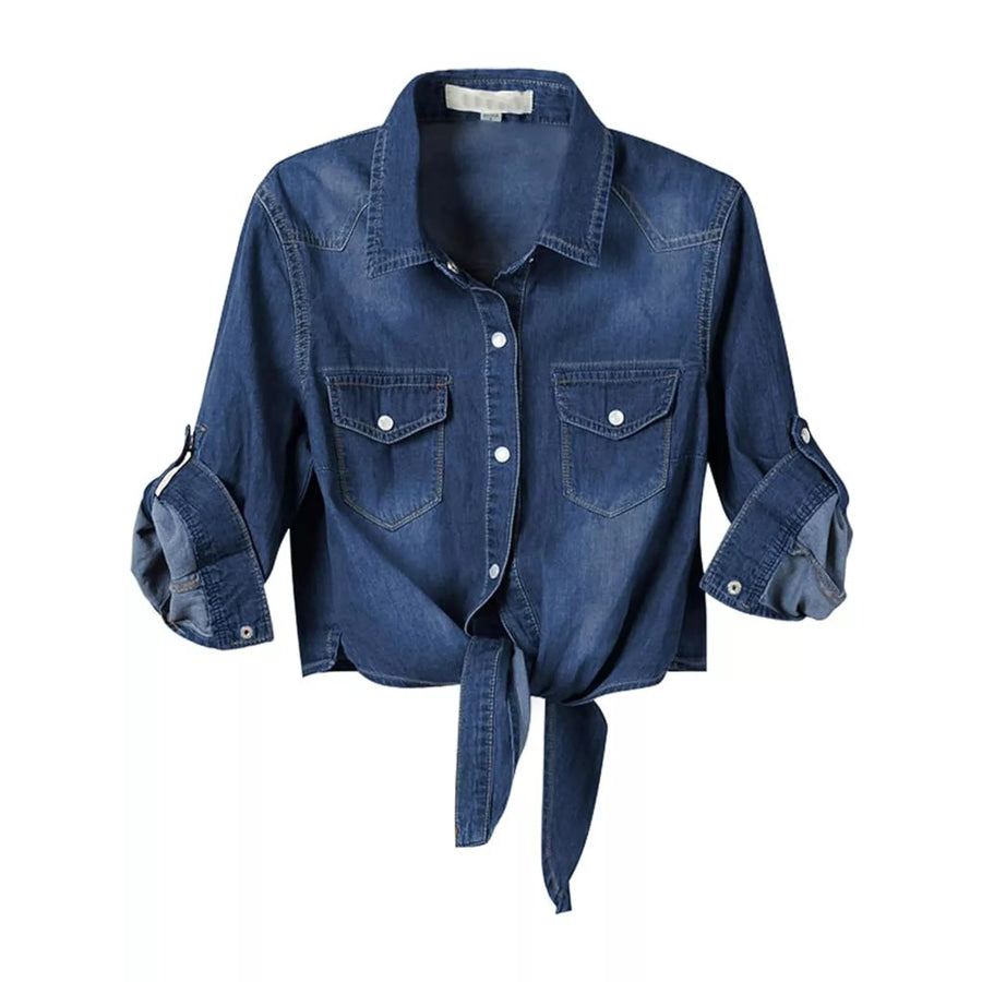 Snap Down Long Sleeve Denim Shirt Dark Blue / S Apparel and Accessories