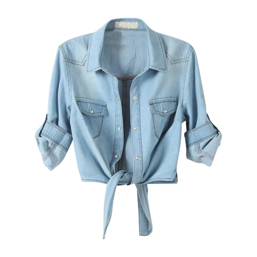 Snap Down Long Sleeve Denim Shirt Light Blue / S Apparel and Accessories