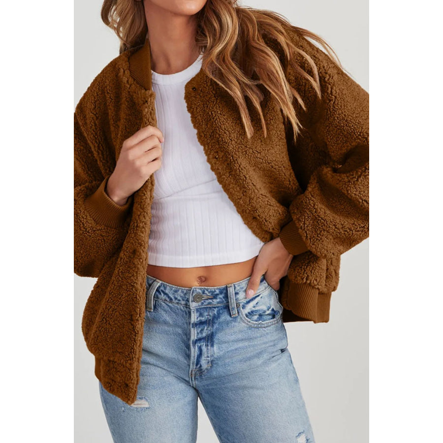 Snap Down Long Sleeve Jacket Caramel / S Apparel and Accessories