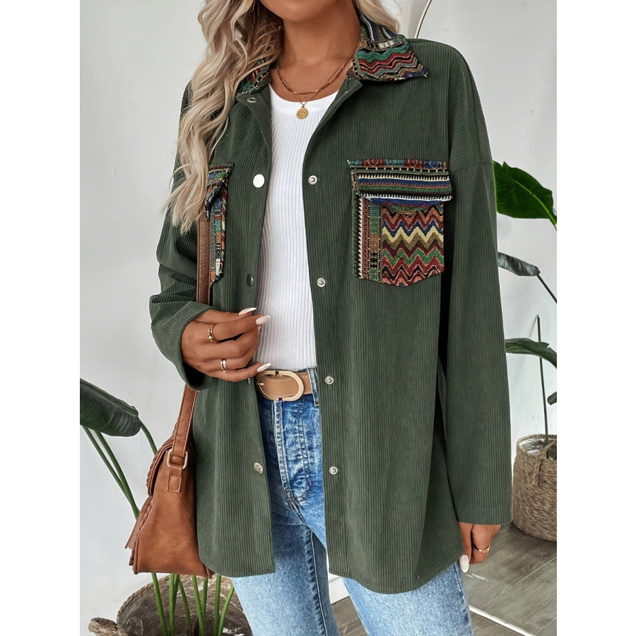 Snap Down Long Sleeve Jacket with Chest Pockets Army Green / S Apparel and Accessories