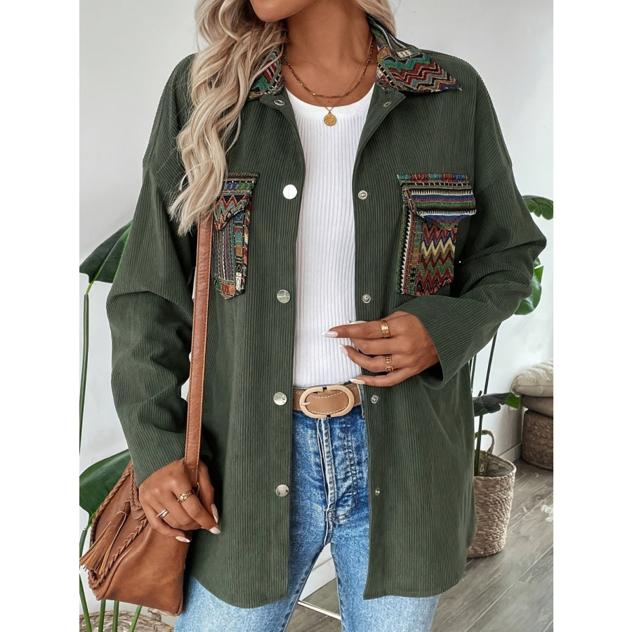 Snap Down Long Sleeve Jacket with Chest Pockets Army Green / S Apparel and Accessories