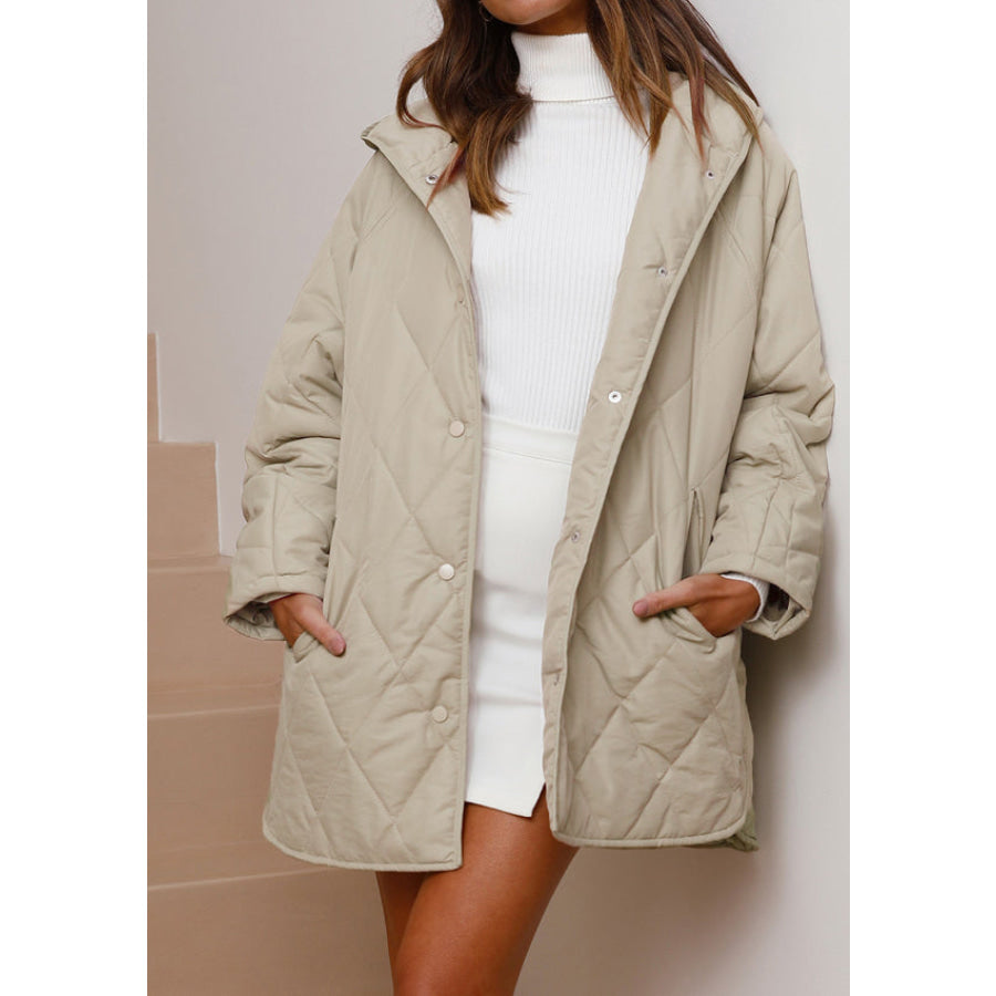 Snap Down Long Sleeve Quilted Winter Coat Light Gray / S Apparel and Accessories