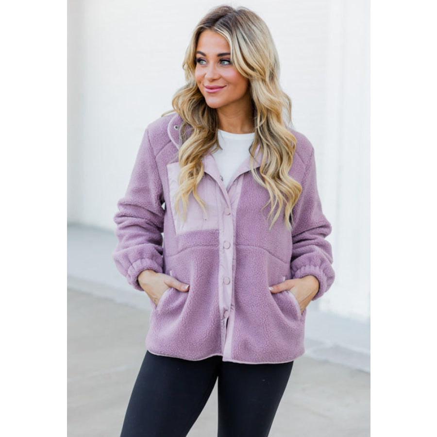 Snap Down Long Sleeve Sherpa Jacket Lilac / S Apparel and Accessories