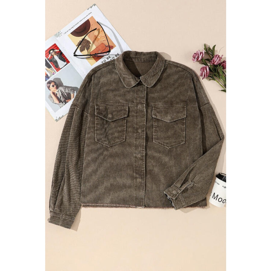 Snap Down Pocketed Collared Neck Jacket Olive Brown / S