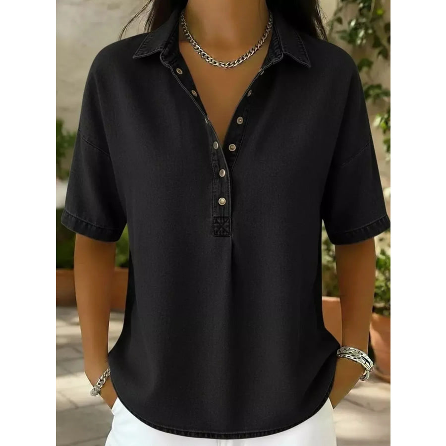 Snap Down Short Sleeve Blouse Black / S Apparel and Accessories