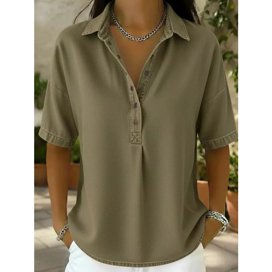 Snap Down Short Sleeve Blouse Khaki / S Apparel and Accessories