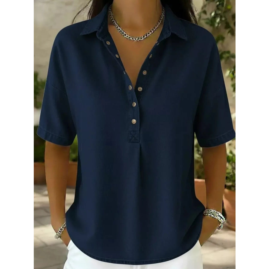 Snap Down Short Sleeve Blouse Navy Blue / S Apparel and Accessories