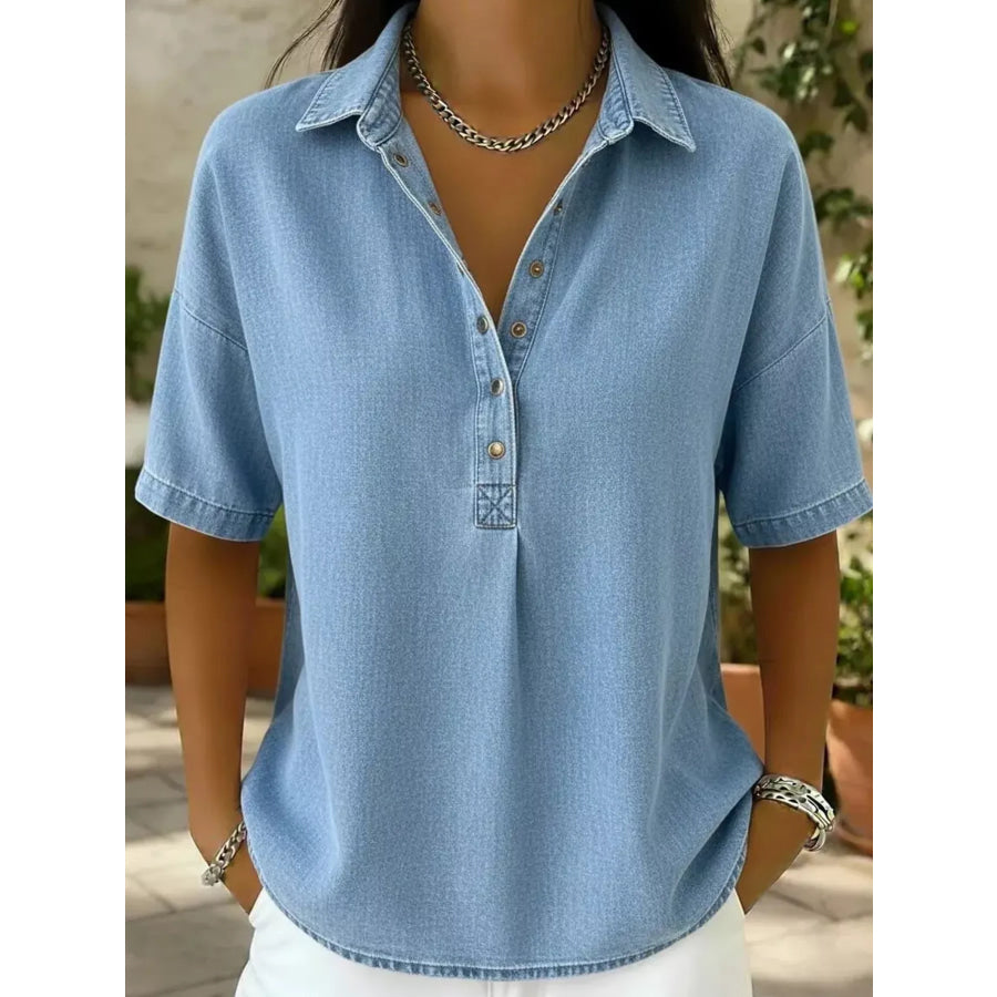 Snap Down Short Sleeve Blouse Sky Blue / S Apparel and Accessories