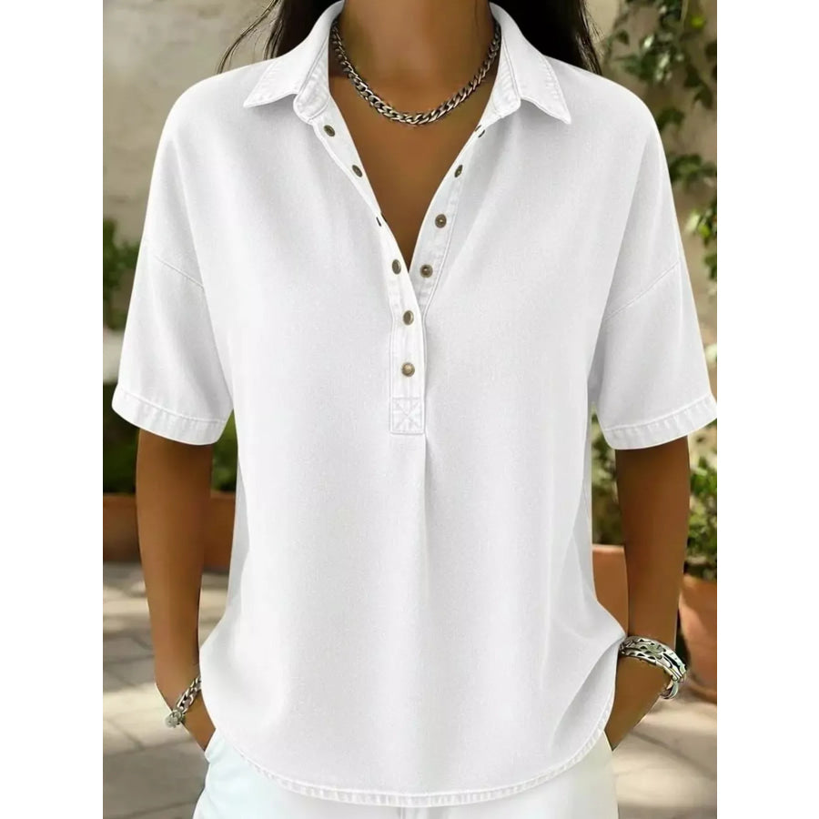 Snap Down Short Sleeve Blouse White / S Apparel and Accessories