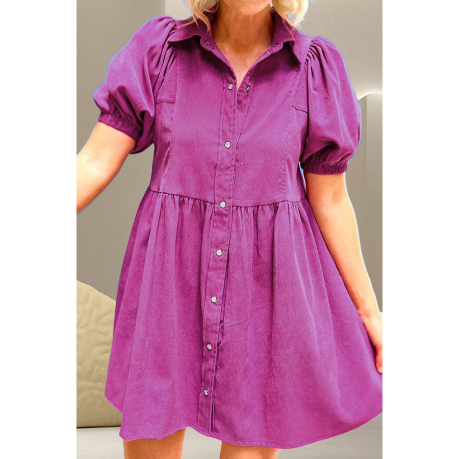 Snap Down Short Sleeve Mini Dress Vivid Violet / S Apparel and Accessories