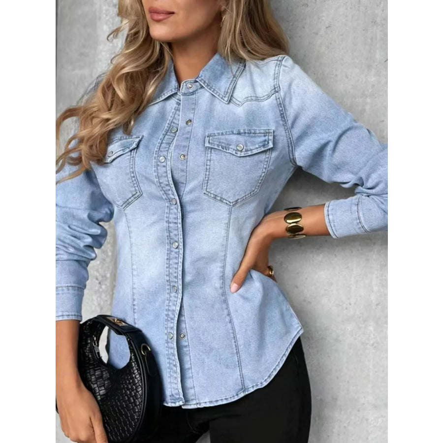 Snap Down Slim-Fit Denim Shirt Light Blue / S Apparel and Accessories