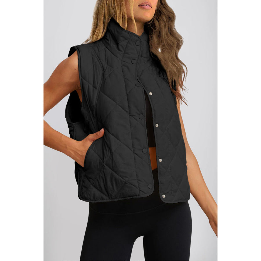 Snap Down Texture Vest Coat with Pockets Black / S Apparel and Accessories